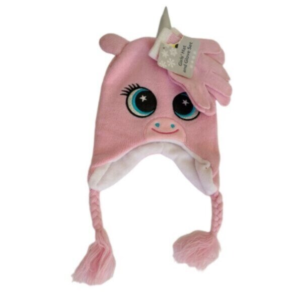Kids Girls Pink Unicorn Fleece Fall Winter Hat and Glove Mitten Set - Picture 2 of 6